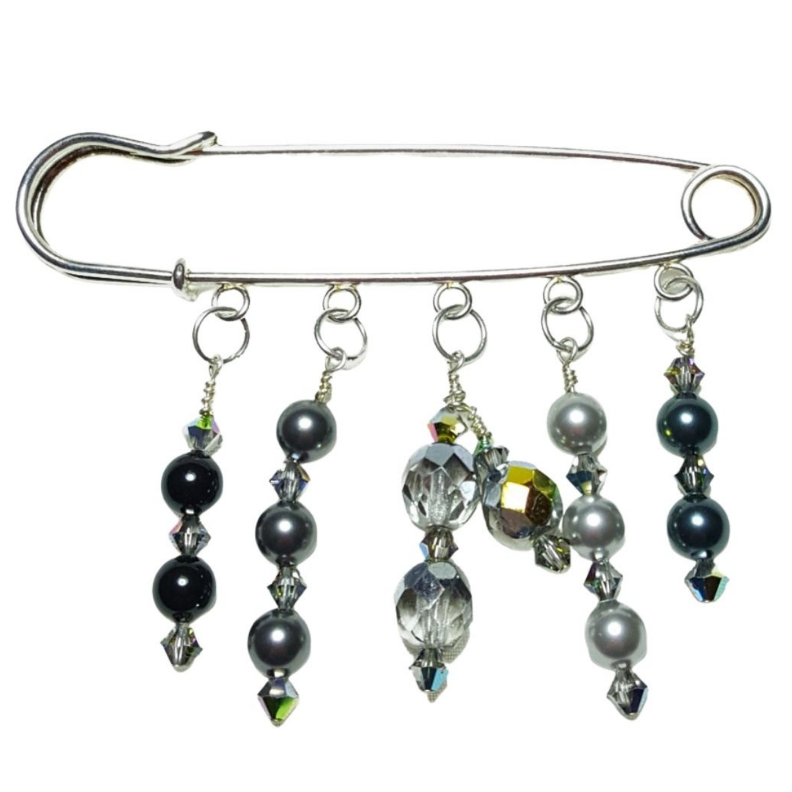 Woodland Green Black Gray Crystal Beaded Shawl Scarf Sweater Pin Brooch