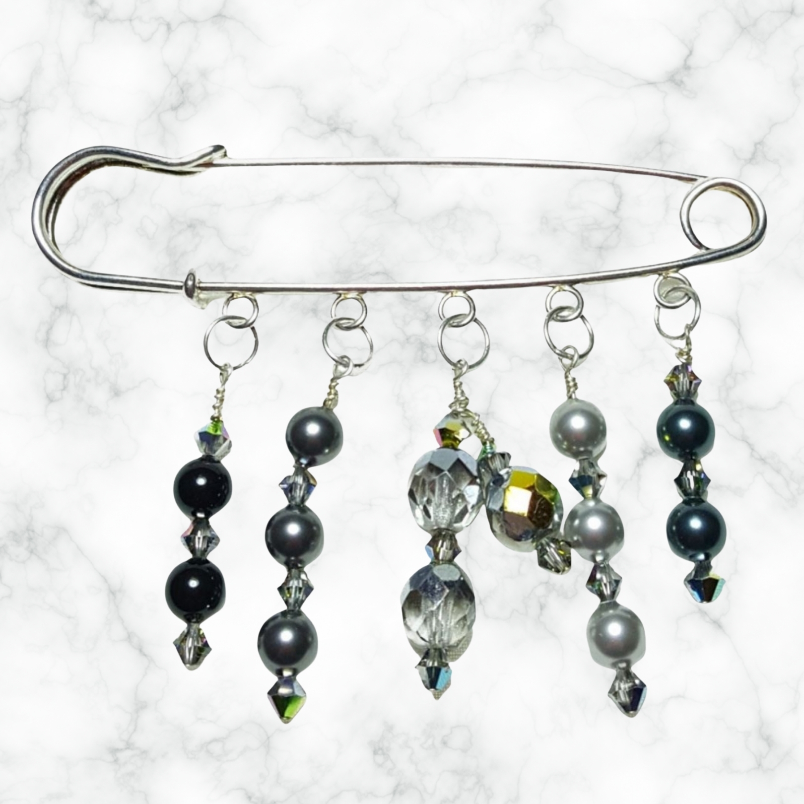 Woodland Green Black Gray Crystal Beaded Shawl Scarf Sweater Pin Brooch