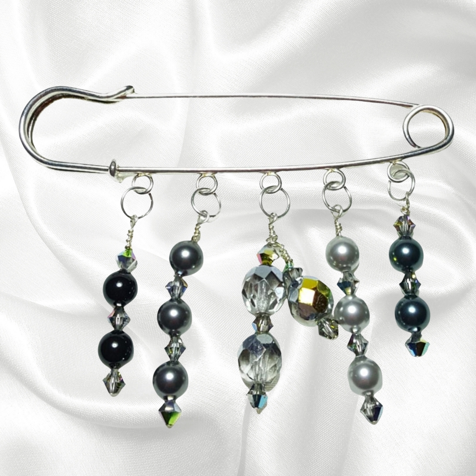 Woodland Green Black Gray Crystal Beaded Shawl Scarf Sweater Pin Brooch