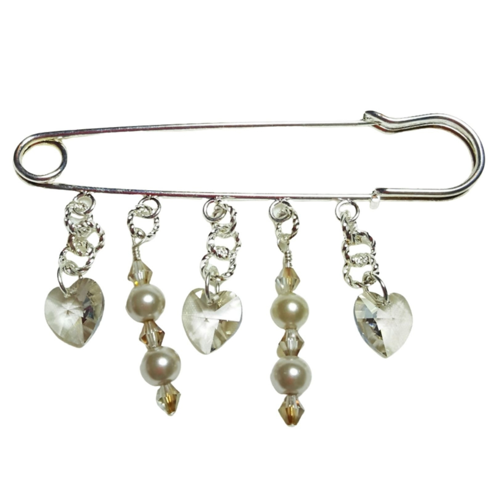 Silver Shade Swarovski Crystal Beige Pearls Beaded Shawl Scarf Sweater Pin Brooch