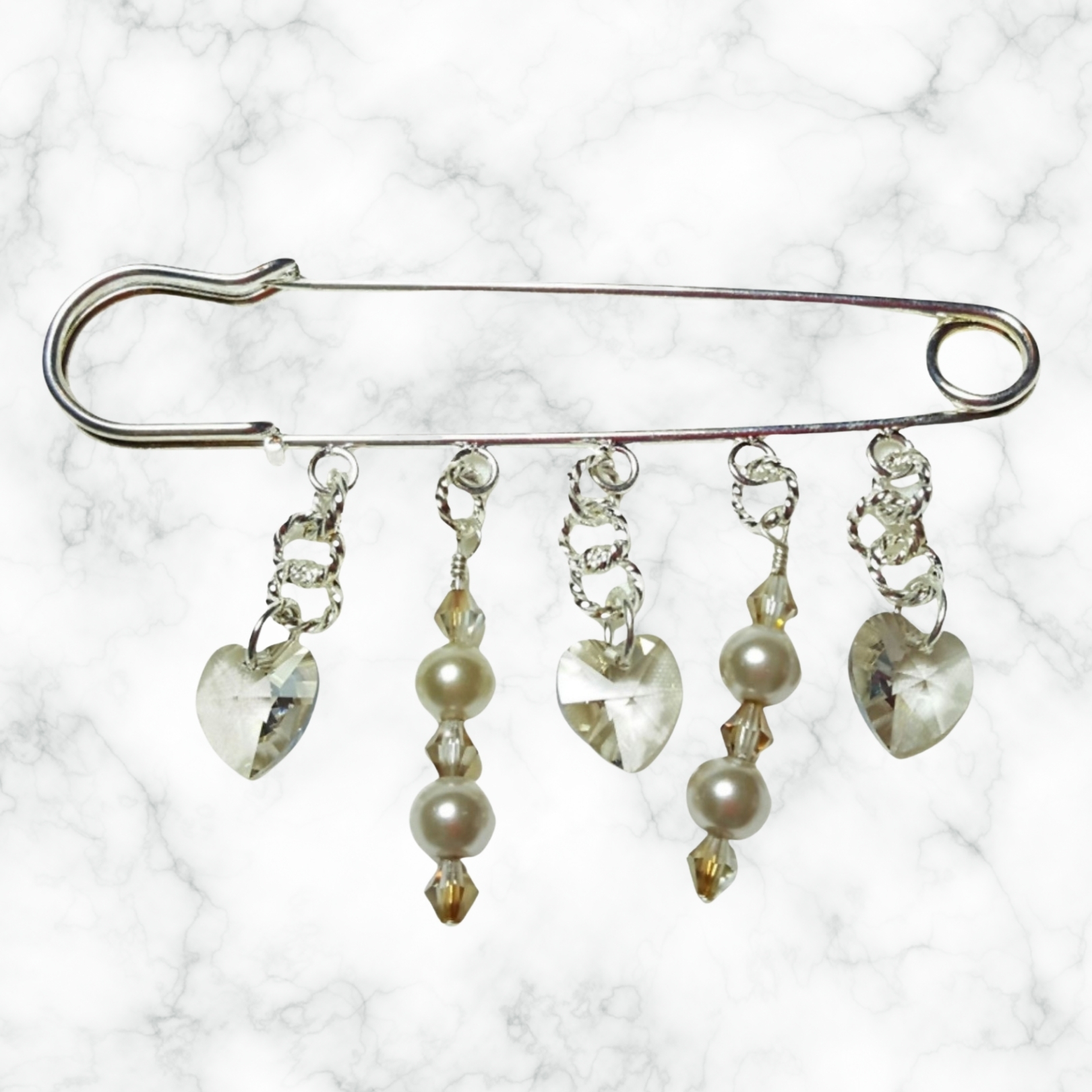 Silver Shade Swarovski Crystal Beige Pearls Beaded Shawl Scarf Sweater Pin Brooch