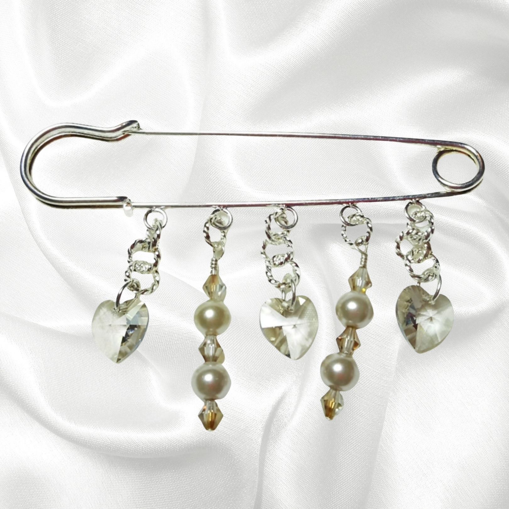 Silver Shade Swarovski Crystal Beige Pearls Beaded Shawl Scarf Sweater Pin Brooch