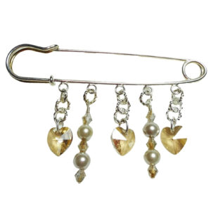 Golden Grace Beige Pearl Shawl Pin with Warm Crystal Hearts and Sterling Silver