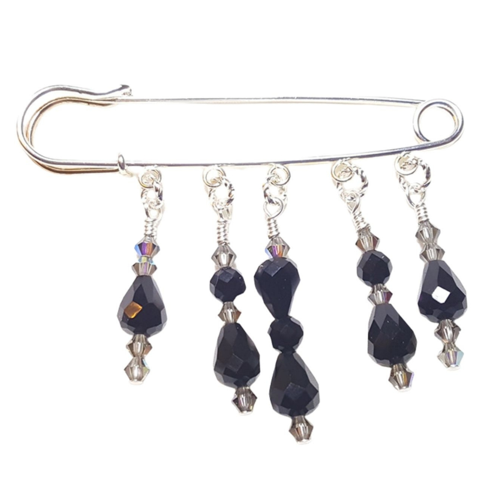 Black Diamond Crystal Shawl Pin Jet Black Teardrop and Bicone Crystals