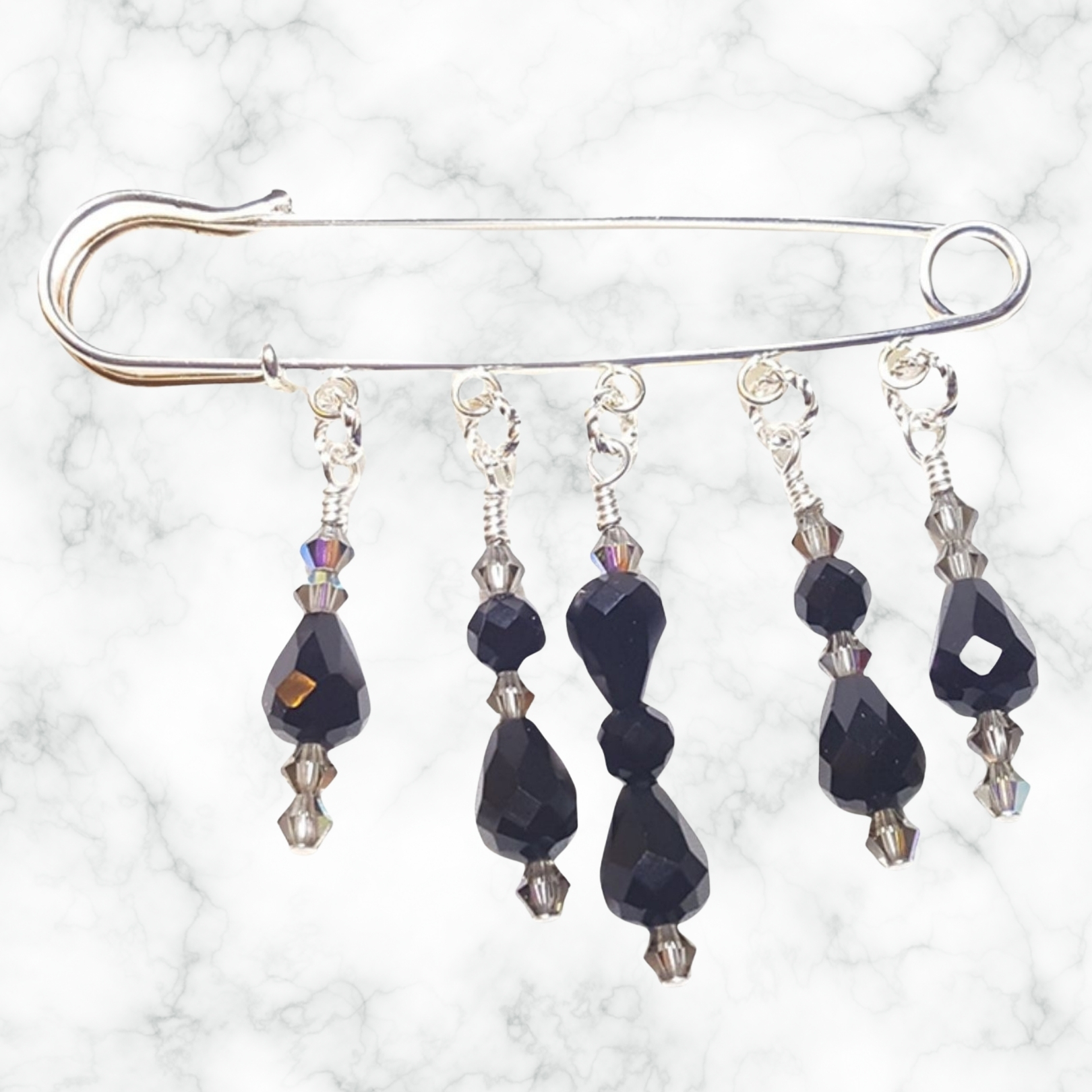 Black Diamond Crystal Shawl Pin Jet Black Teardrop and Bicone Crystals