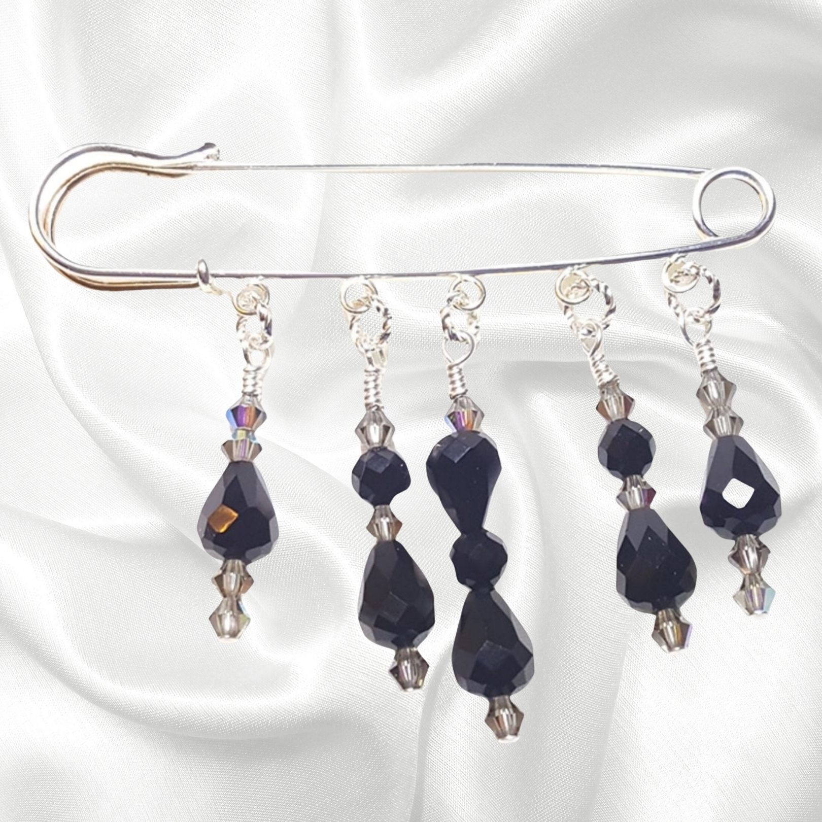 Black Diamond Crystal Shawl Pin Jet Black Teardrop and Bicone Crystals