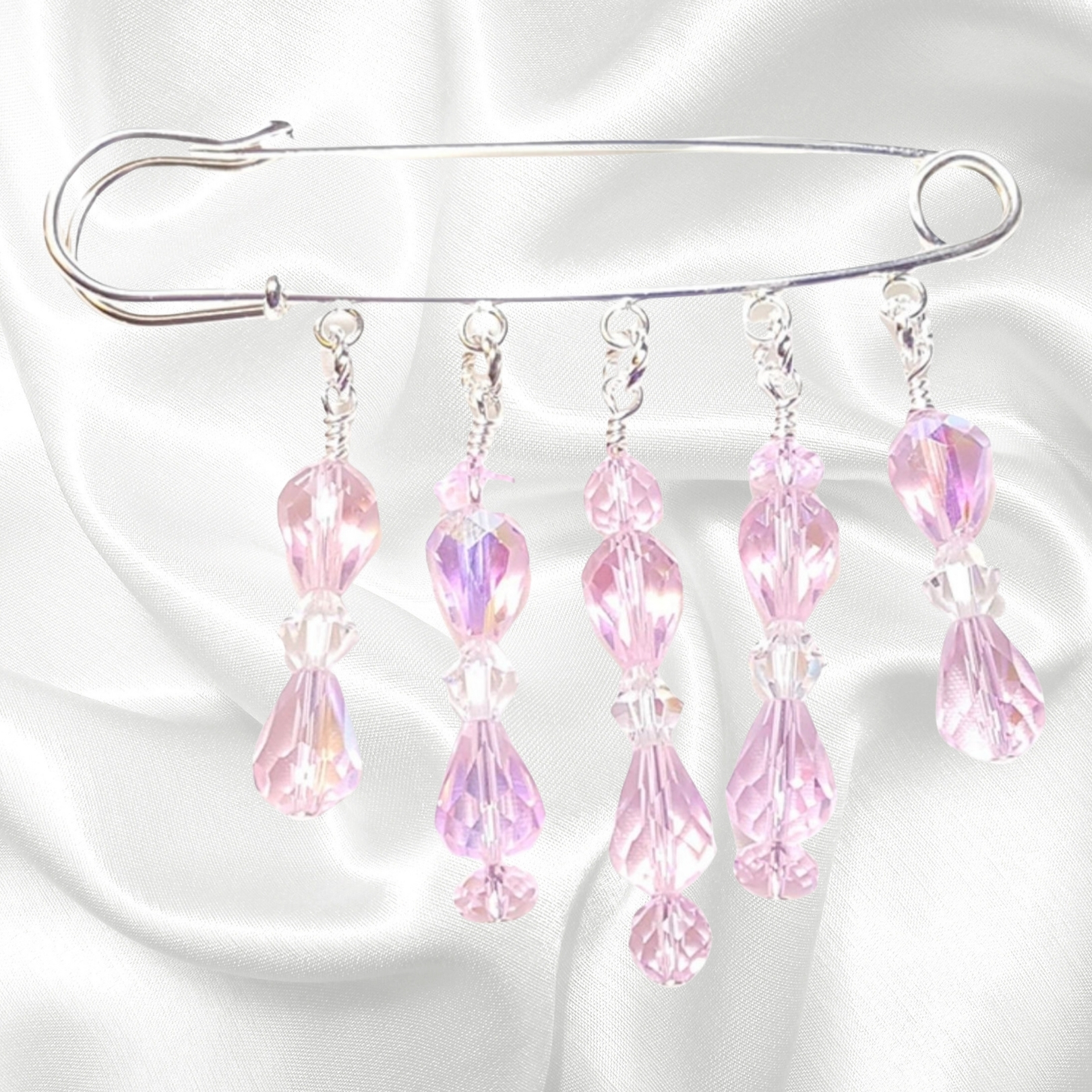 October Rose Quartz Birthstone Crystal Beaded Shawl Scarf Sweater Pin Brooch