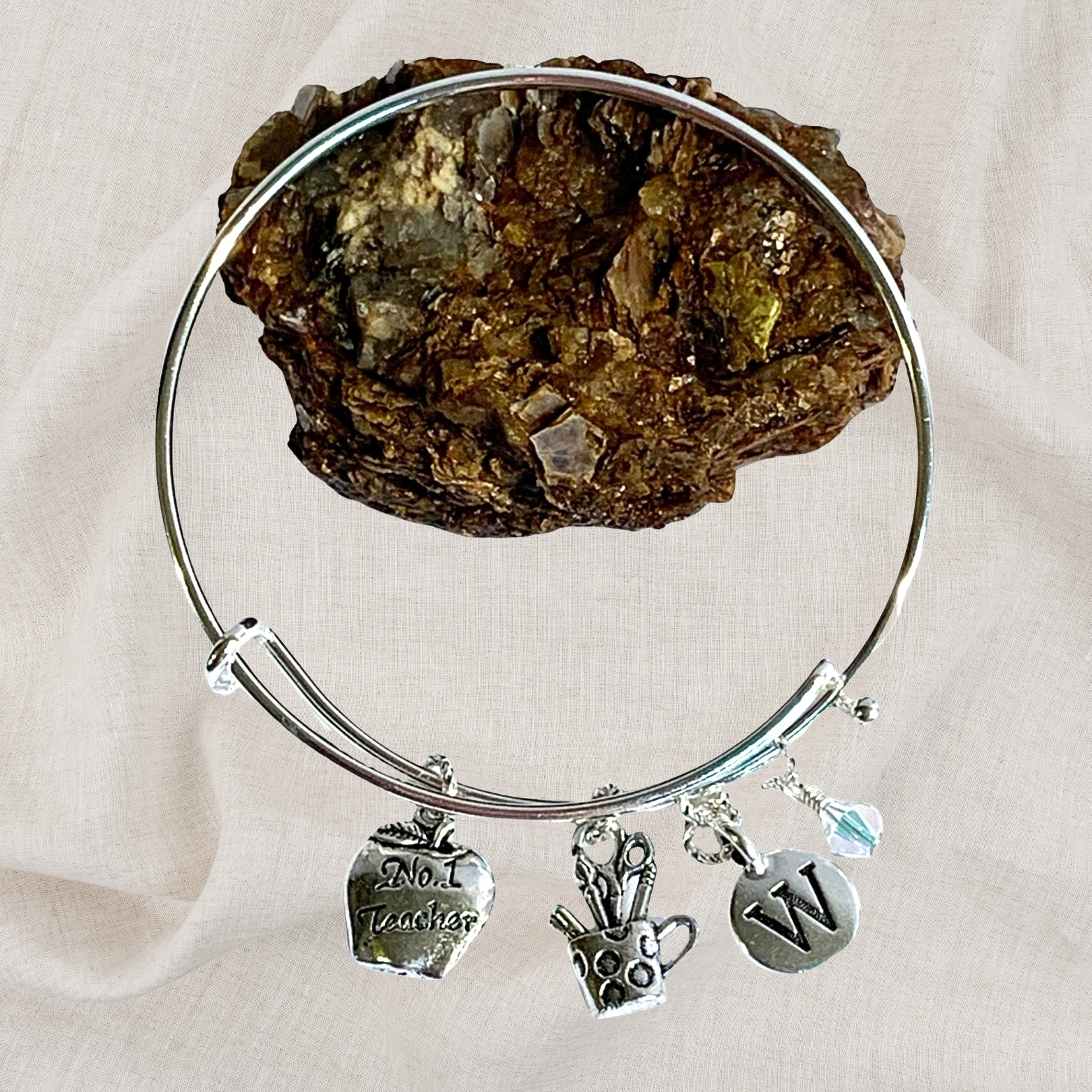 Teacher Birthstone Charm Initial Bangle Bracelet Style 01