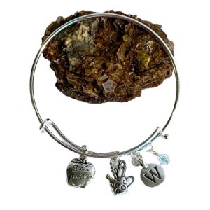 Personalized Teacher Bangle Bracelet – Custom Birthstone & Initial – Teacher Appreciation, Retirement, End of Year Gift