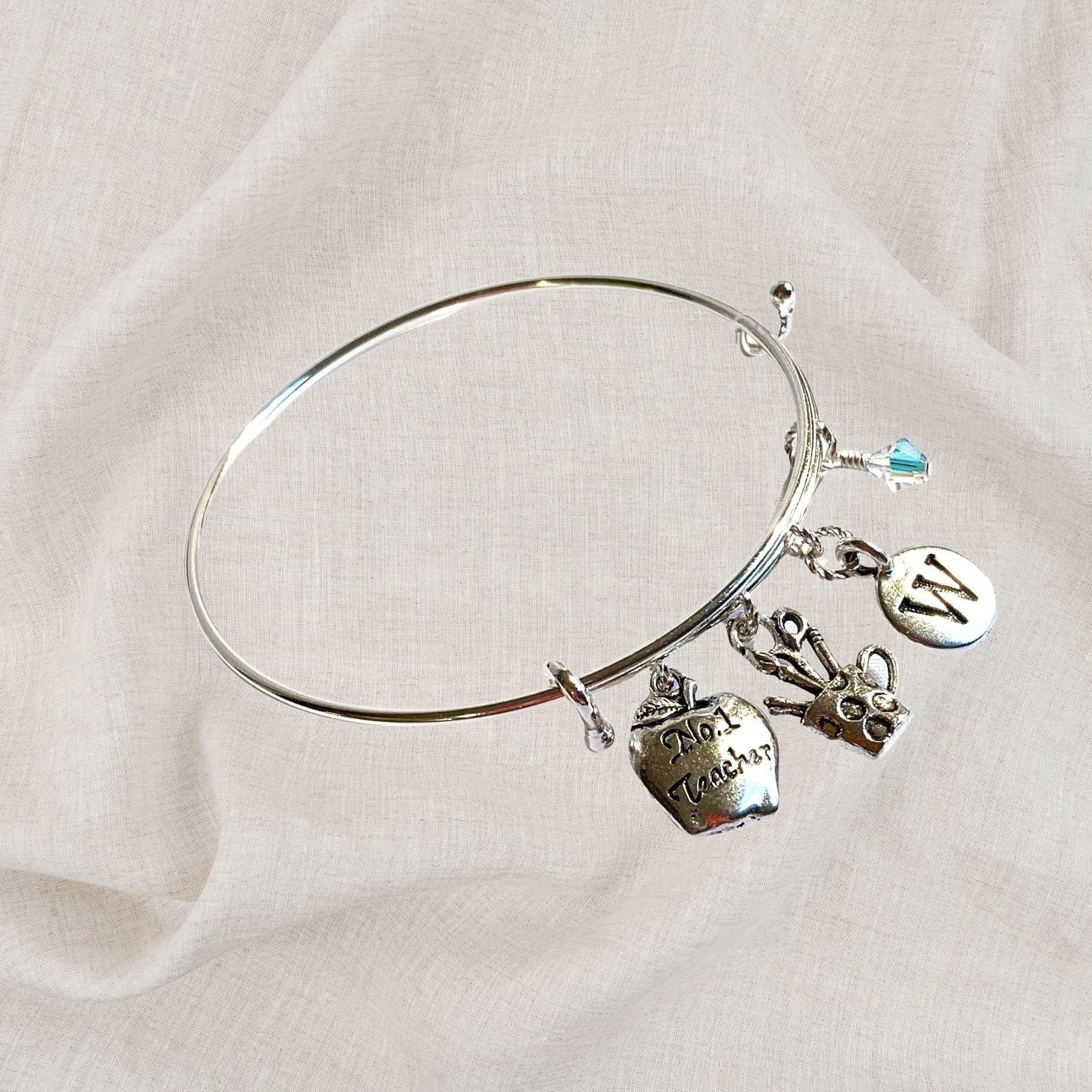 Teacher Birthstone Charm Initial Bangle Bracelet Style 01