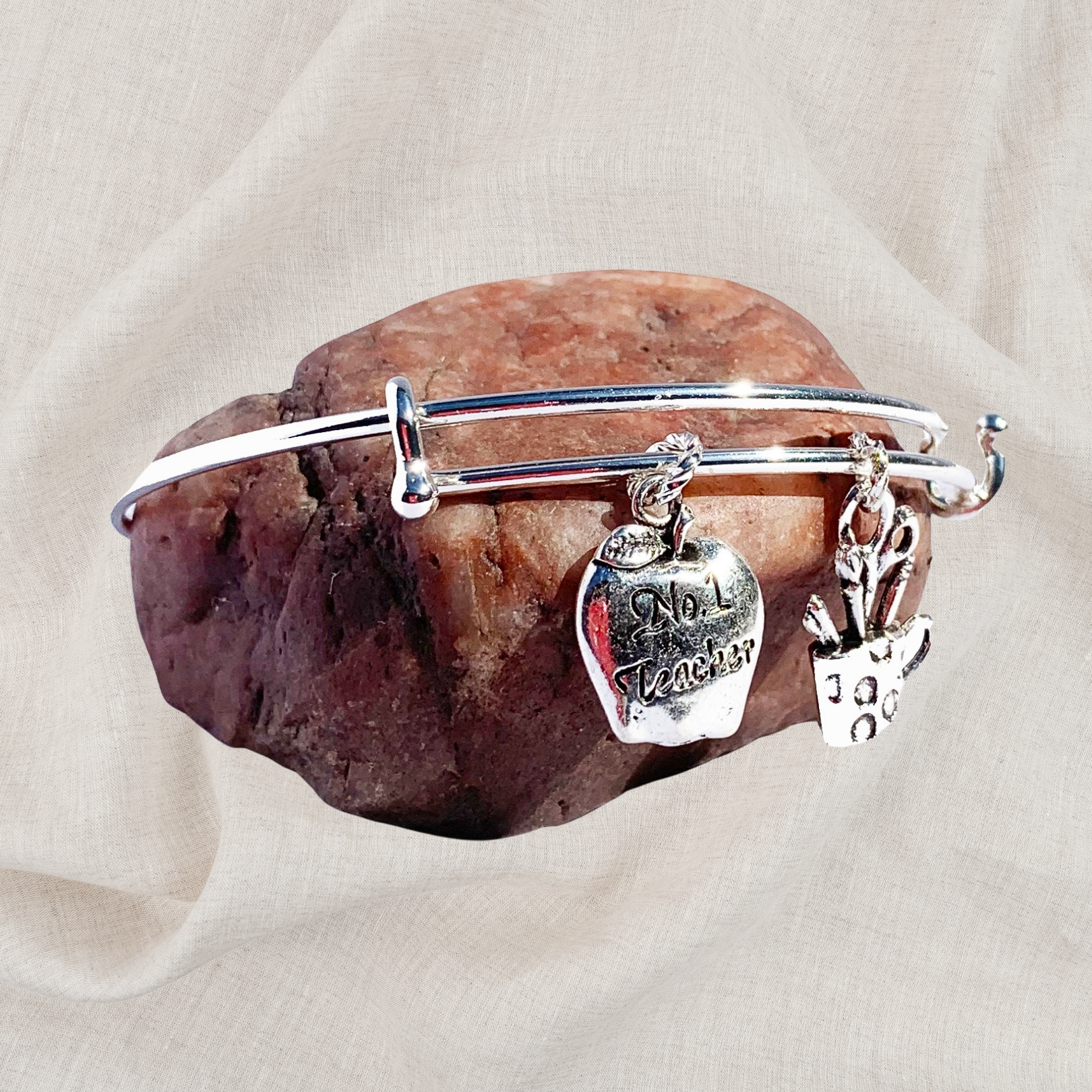 Teacher Birthstone Charm Initial Bangle Bracelet Style 01