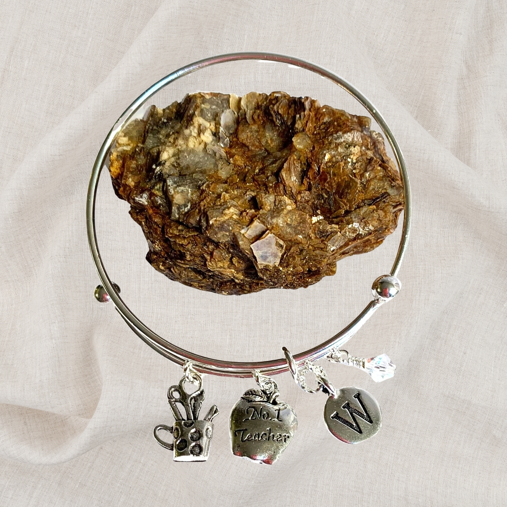 Teacher Birthstone Charm Initial Bangle Bracelet Style 02