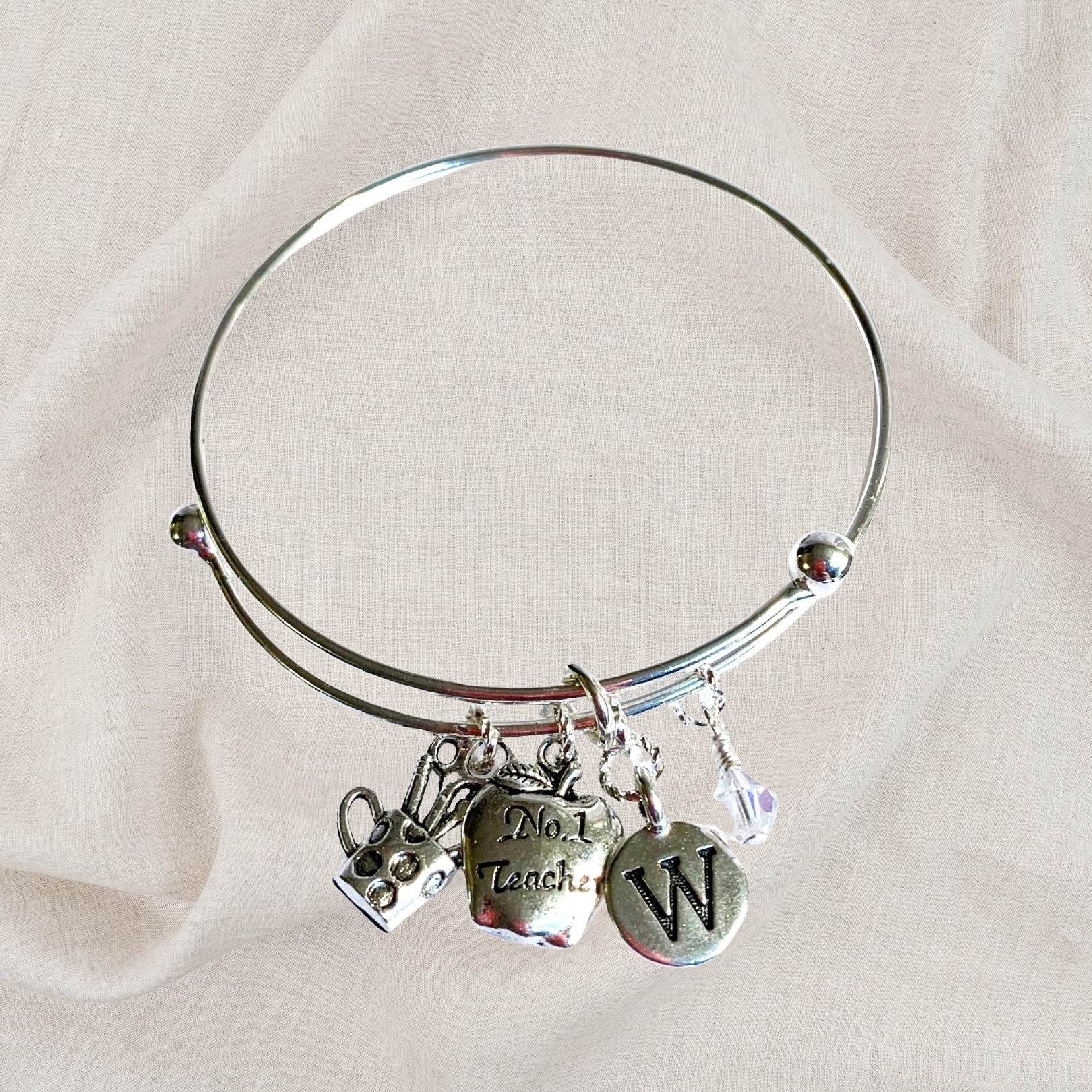 Teacher Birthstone Charm Initial Bangle Bracelet Style 02
