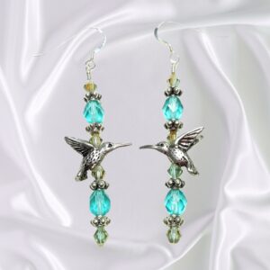 Hummingbird Dangle Earrings Aquamarine Blue Crystals March Birthstone Gift