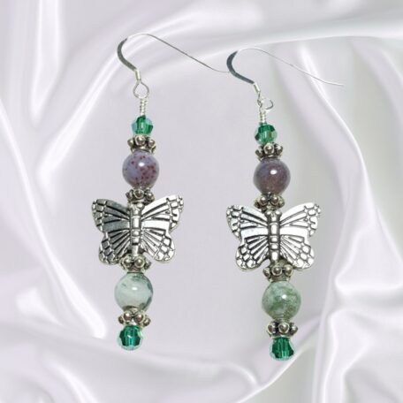 Butterfly Dangle Earrings Pink Green Fancy Jasper Gemstones Crystal Accents