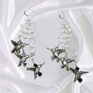Opal Black Diamond Hummingbird Waterfall Dangle Drop Earrings Wearable Art