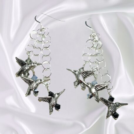 Opal Black Diamond Hummingbird Waterfall Dangle Drop Earrings Wearable Art