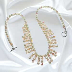 Cream Pearls Rose Pink Crystal Single Strand Statement Necklace Bracelet Set