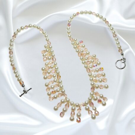 Cream Pearls Rose Pink Crystal Single Strand Statement Necklace Bracelet Set