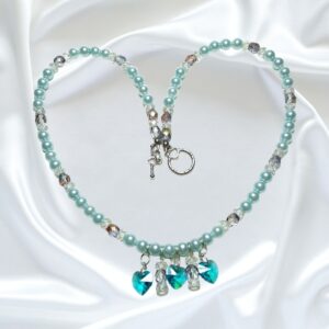 Turquoise Blue Pearls Crystal Hearts Single Strand Statement Necklace Earrings Set