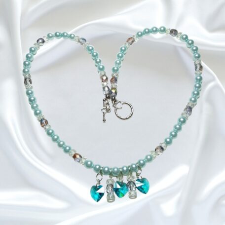 Turquoise Blue Pearls Crystal Hearts Single Strand Statement Necklace Earrings Set