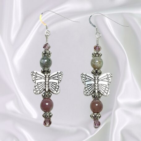 Butterfly Dangle Earrings Mauve Pink Fancy Jasper Gemstones Crystal Accents