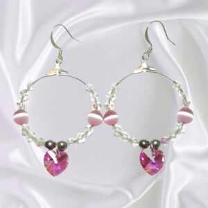 Pink Cat’s Eye Swarovski Crystal Heart Hoop Earrings AB Crystal Silver Accents