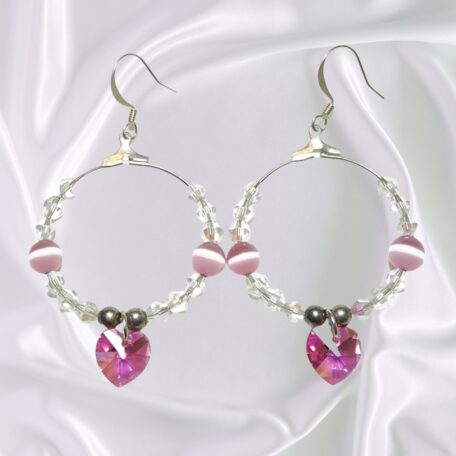 Pink Cat’s Eye Swarovski Crystal Heart Hoop Earrings AB Crystal Silver Accents