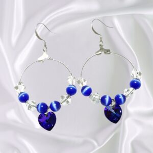 Sapphire Cat’s Eye Swarovski Heliotrope Crystal Heart Silver Hoop Earrings