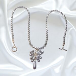 Gray Silver Pearls Single Strand Statement Necklace Bracelet Set