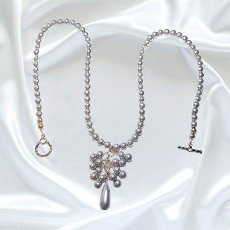 Gray Silver Pearls Single Strand Statement Necklace Bracelet Set