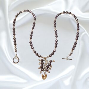 Brown Pearls Topaz Crystals Single Strand Statement Necklace Earrings Set