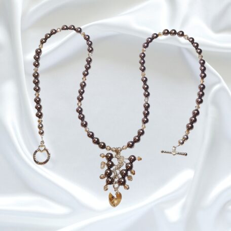 Brown Pearls Topaz Crystals Single Strand Statement Necklace Earrings Set