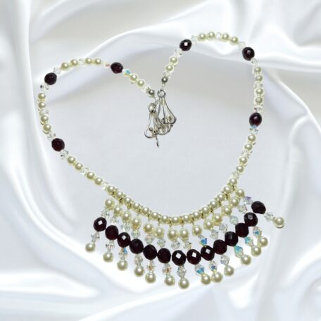 Cream Pearls Garnet Crystal Single Strand Statement Necklace Set Vintage Look