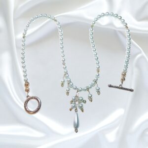 Light Blue Pearls Single Strand Statement Necklace Earrings Set