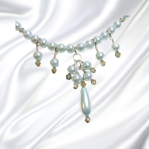Light Blue Pearls Single Strand Statement Necklace Earrings Set