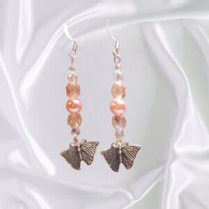 Butterfly Dangle Earrings Romantic Rose Pink Pearls Crystal Accents