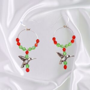 Red Green Hummingbird Charm Hoop Earrings Crystal Accents Wildlife Jewelry