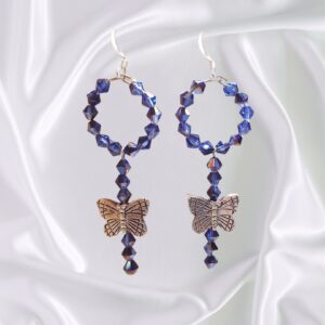 Tanzanite Blue Butterfly Charm Hoop Dangle Earrings Crystal Accents