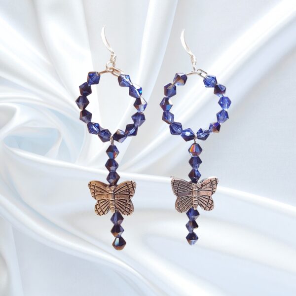Tanzanite Blue Butterfly Charm Hoop Dangle Earrings Crystal Accents