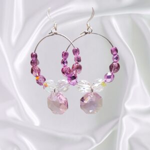 Unique Pink Chandelier Pendant Silver Hoop Earrings Crystal Accents