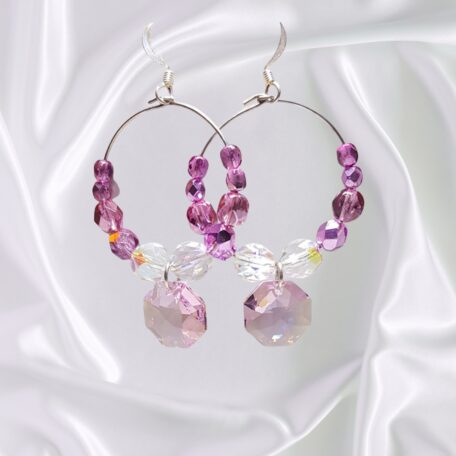 Unique Pink Chandelier Pendant Silver Hoop Earrings Crystal Accents