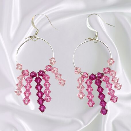 Shades of Pink and Fuchsia Crystal Hoop Earrings Cascading Crystal Design