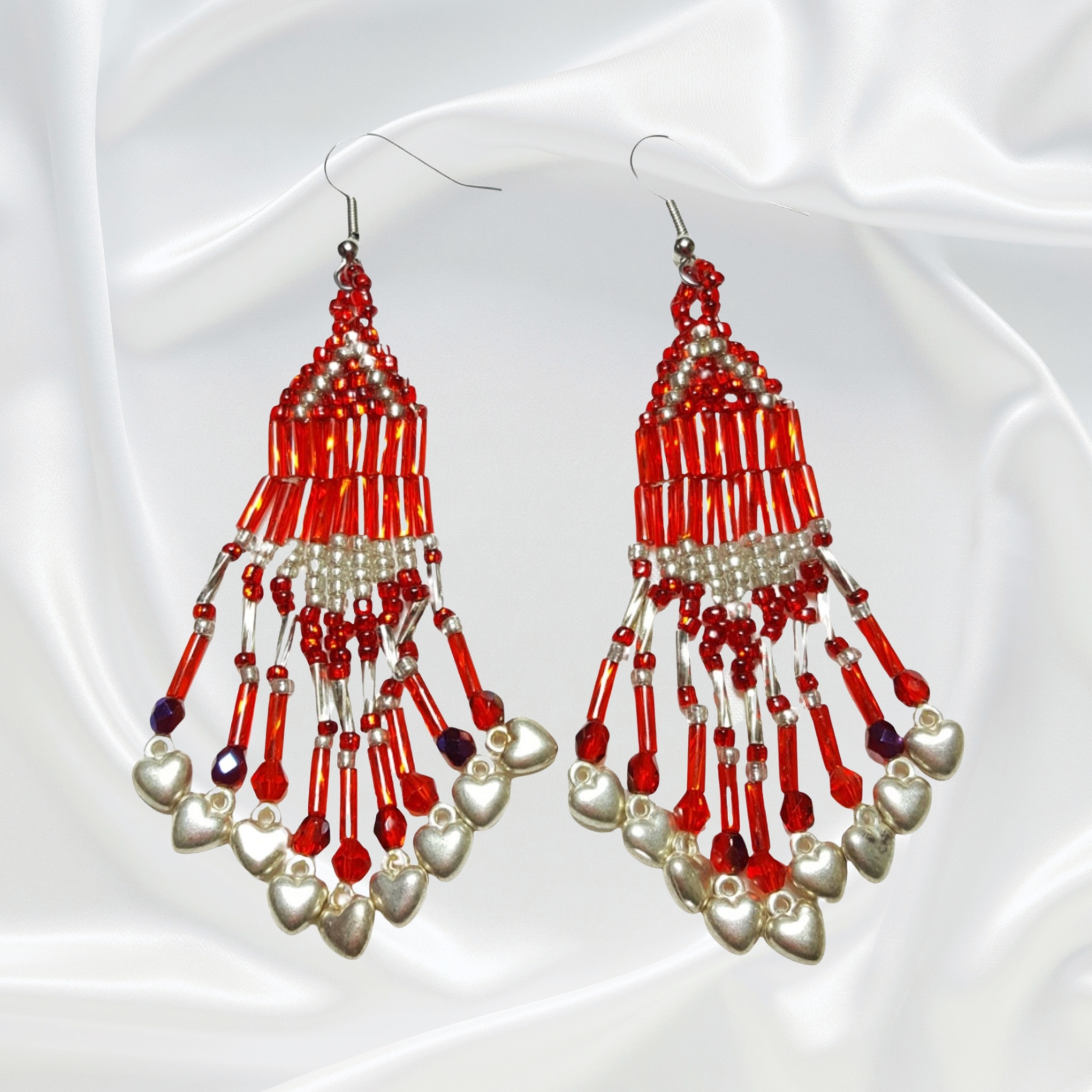 Ruby Red and Silver Southwestern Beaded Dangle Drop Chandelier Earrings