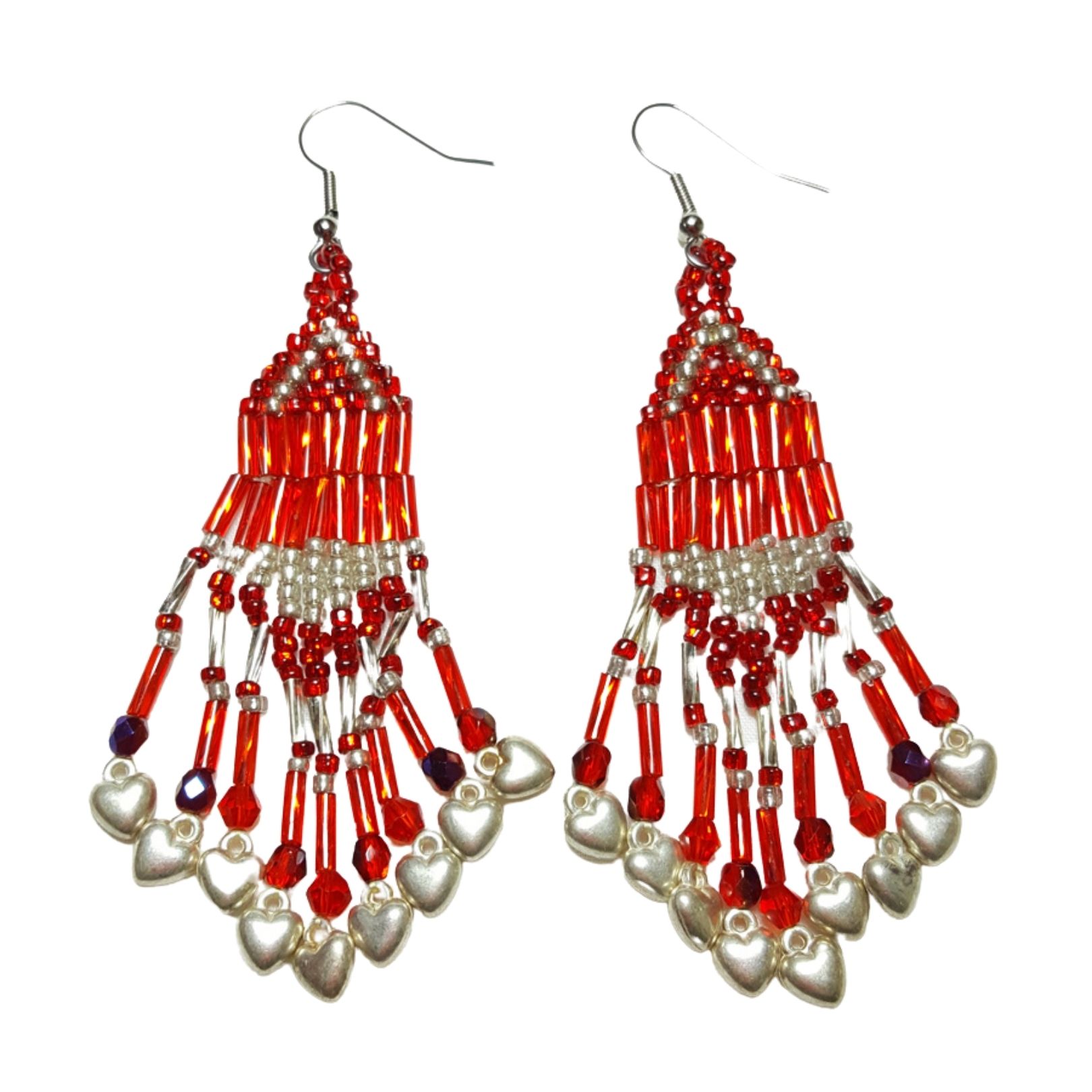 Ruby Red and Silver Southwestern Beaded Dangle Drop Chandelier Earrings