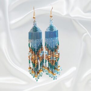 Blue Teal Gold Southwestern Beaded Dangle Drop Chandelier Earrings