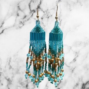Ocean Sunrise Fringe Earrings Sky Blue Gold Accents Southwestern