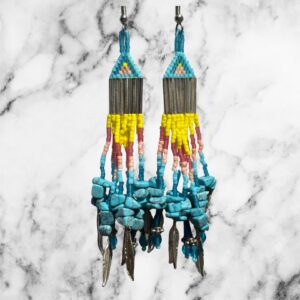 Desert Sunset Turquoise Feather Boho Fringe Earrings Southwestern