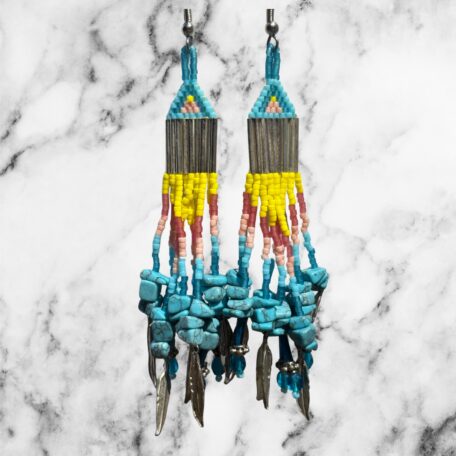 Desert Sunset Turquoise Feather Boho Fringe Earrings Southwestern