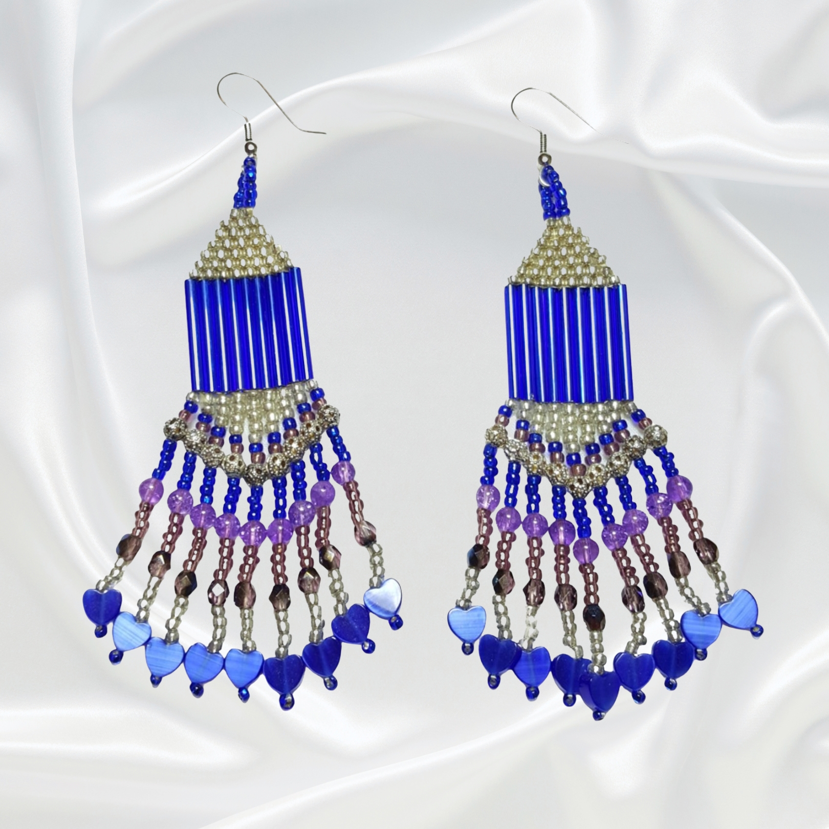 Blue Purple Silver Filigree Southwestern Beaded Dangle Drop Chandelier Earrings